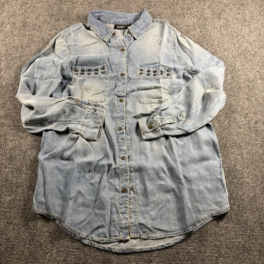 a.n.a Denim Shirt Women PM‎ Blue Studded Pocket Western Snap Front Tencel Top